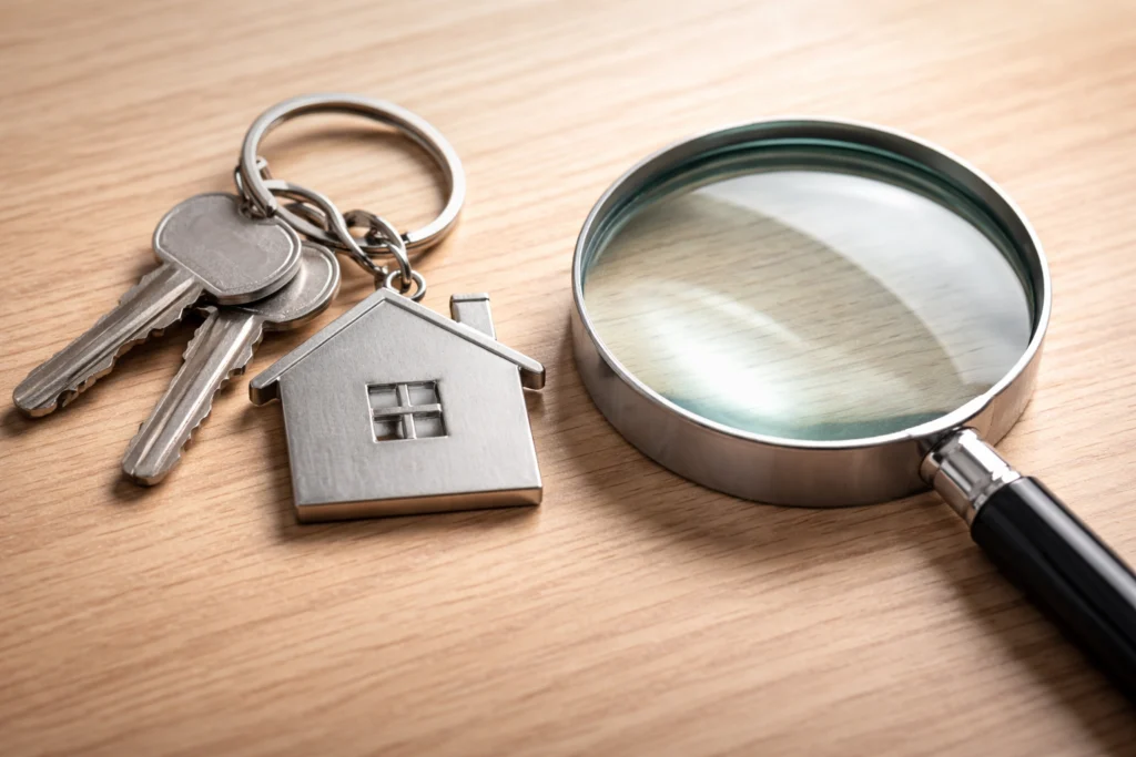 Klucze do domu i lupa na drewnianym tle
